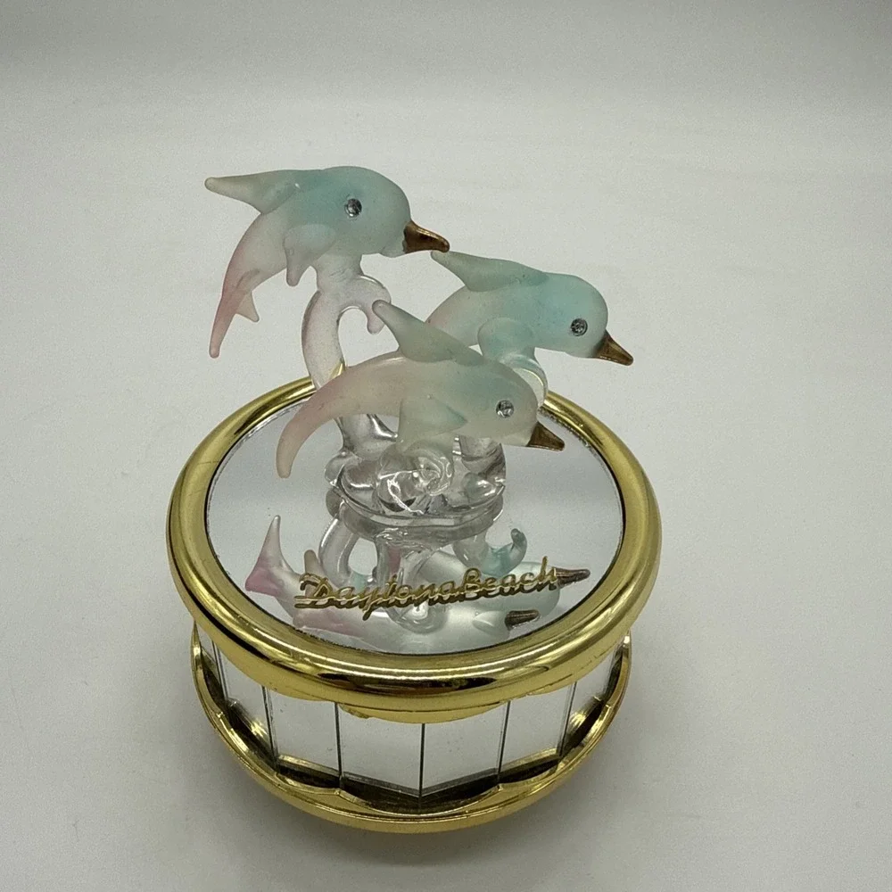 Vintage Glass Dolphin's Music Box Frosted Glass Plays 